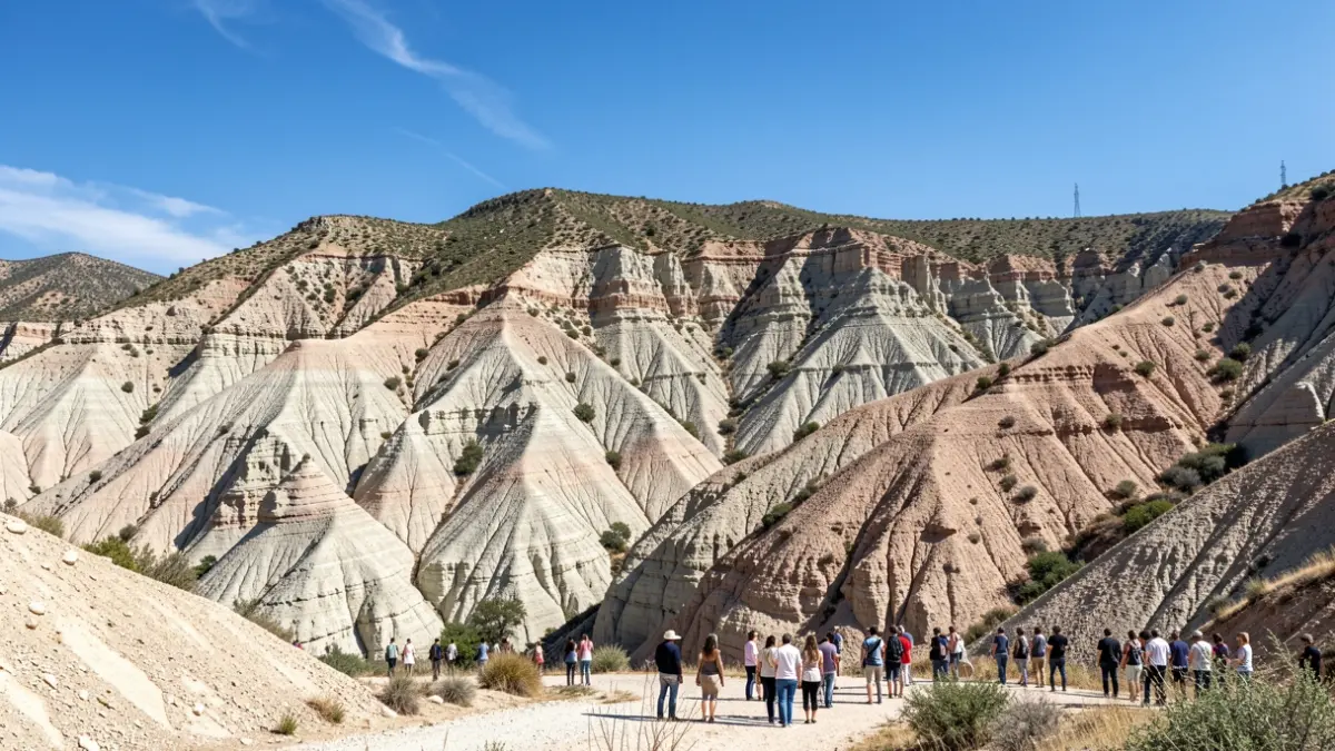Geological landscape of the Granada Geopark under a clear sky.