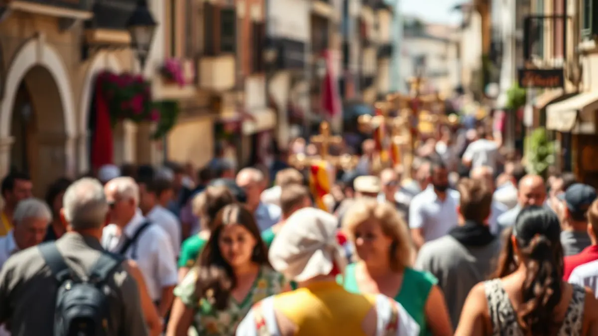 Generic image of a street celebration in a Mediterranean city with decorated crosses.
