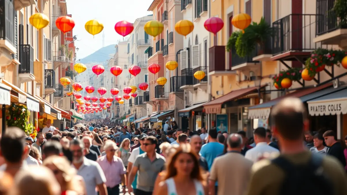 Generic image of a festive street in a Mediterranean city with crowds and decorations.