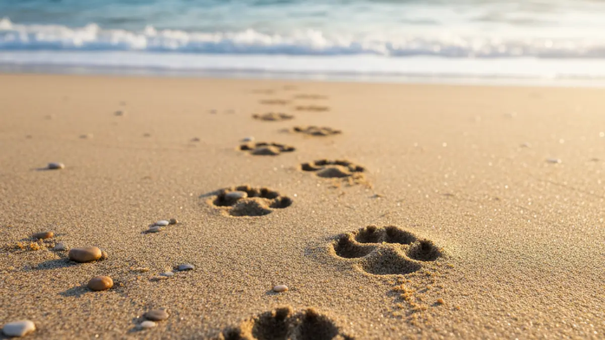 Generic image of dog paw prints in beach sand.