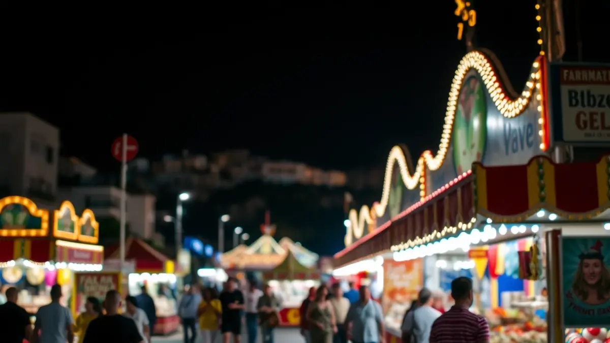 Imagen genérica de un recinto ferial nocturno con luces y ambiente festivo.