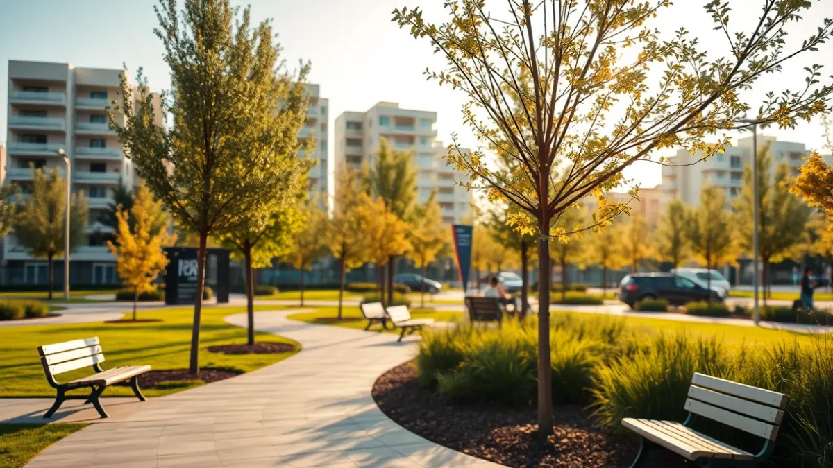 Generic image of an urban green area with trees and furniture.