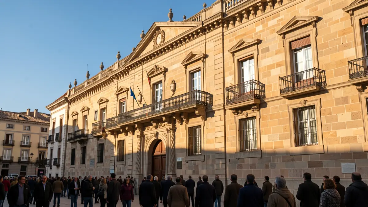 Fachada del Ayuntamiento de Granada con balcón y barandillas de hierro, luz cálida de la tarde.