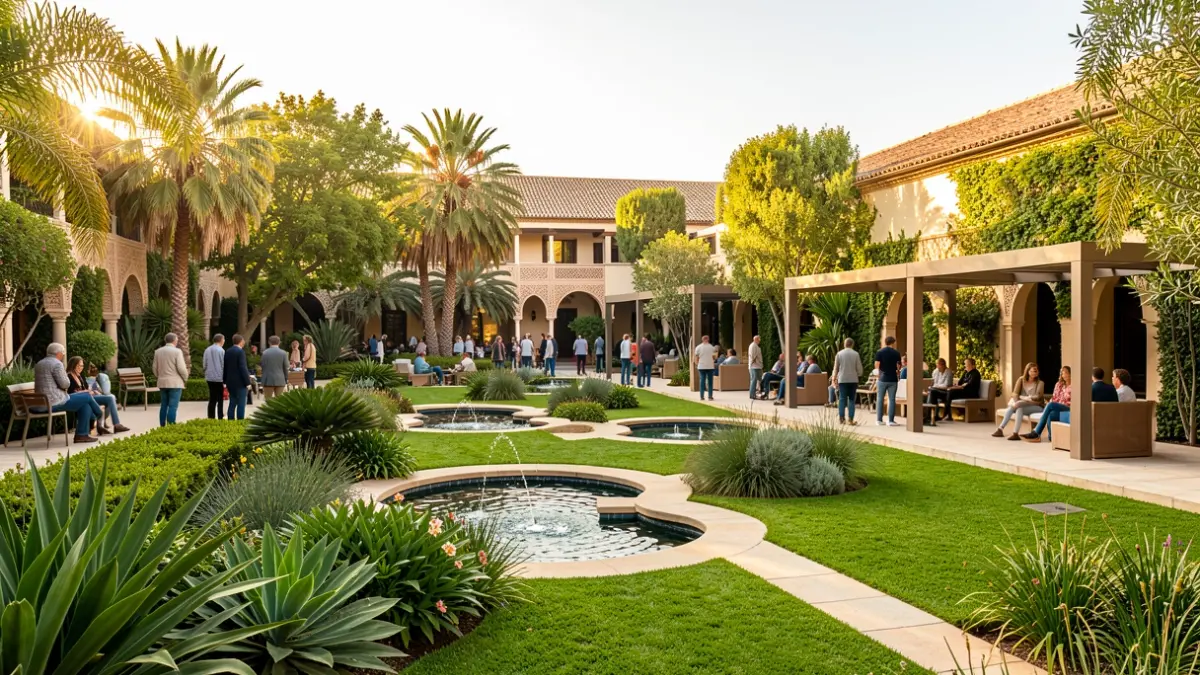 Generic image of a modern green park in Andalucía with design elements inspired by Nasrid gardens.