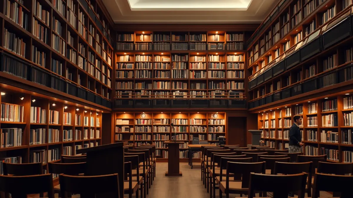 Generic image of a library interior with a podium and chairs, warmly lit.