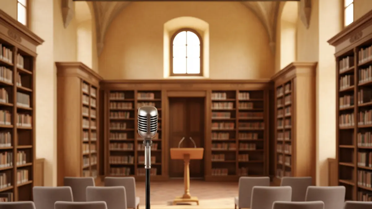 Imagen genérica de un interior de biblioteca con un podio y sillas, iluminado cálidamente.