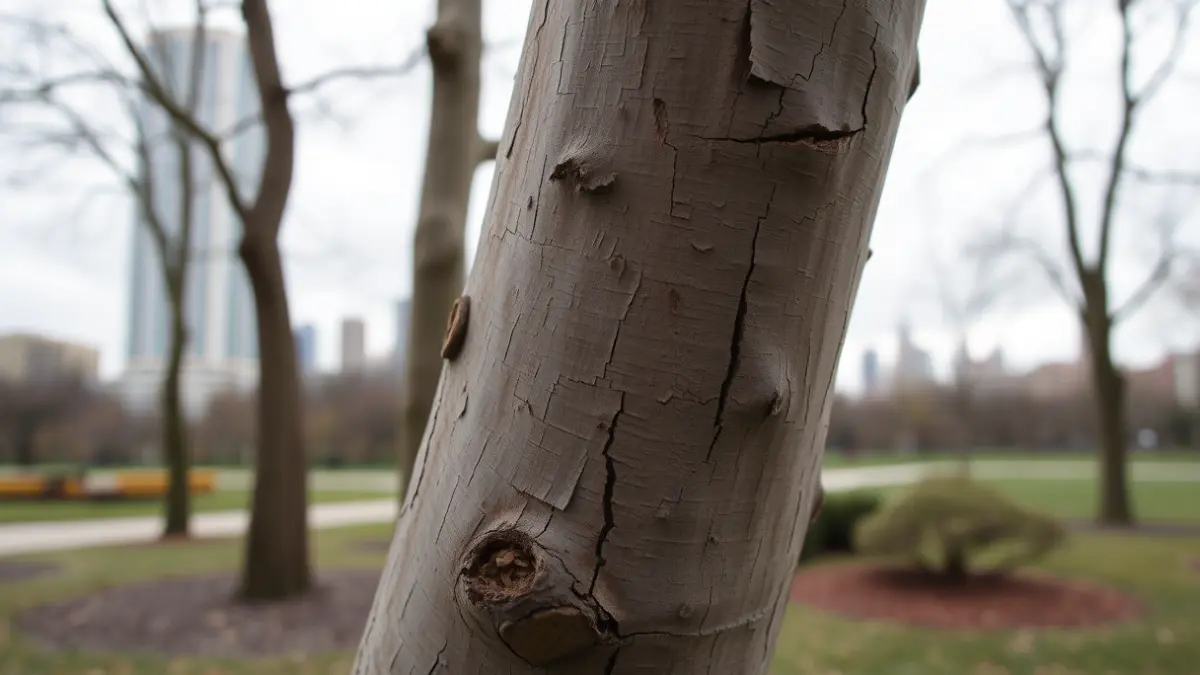 Image of a tree trunk with damage, reflecting the impact of storms.