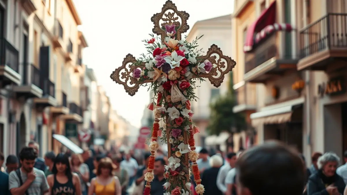 Imagen de una cruz decorada con flores en una calle festiva de Granada.