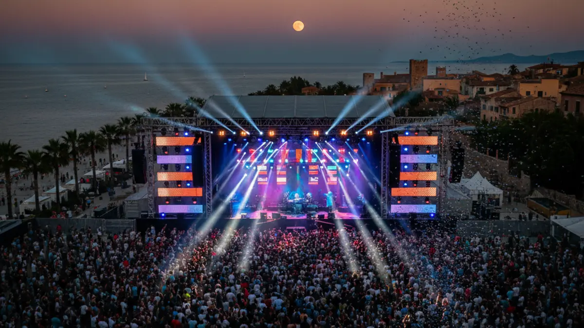 Imagen genérica de un festival de música al aire libre al anochecer, con un escenario iluminado y una multitud difuminada.