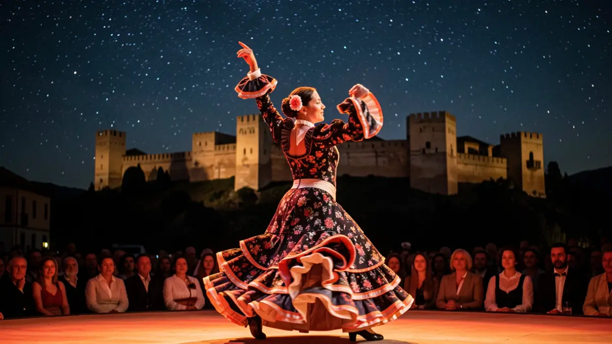Imagen de una bailaora de flamenco actuando en Granada con la Alhambra de fondo.