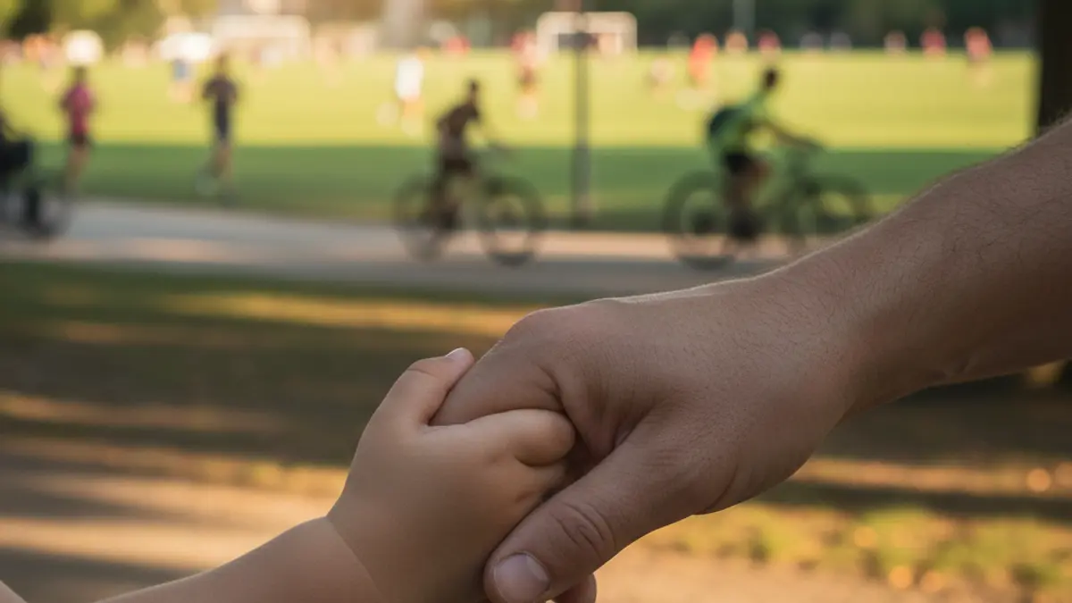 Image of a child's hand holding an adult's hand, with a sports event in the background.