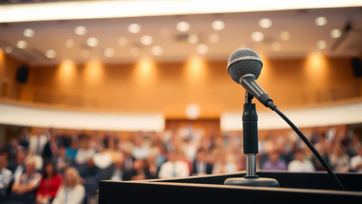 Generic image of a microphone on a podium at a forum or conference.