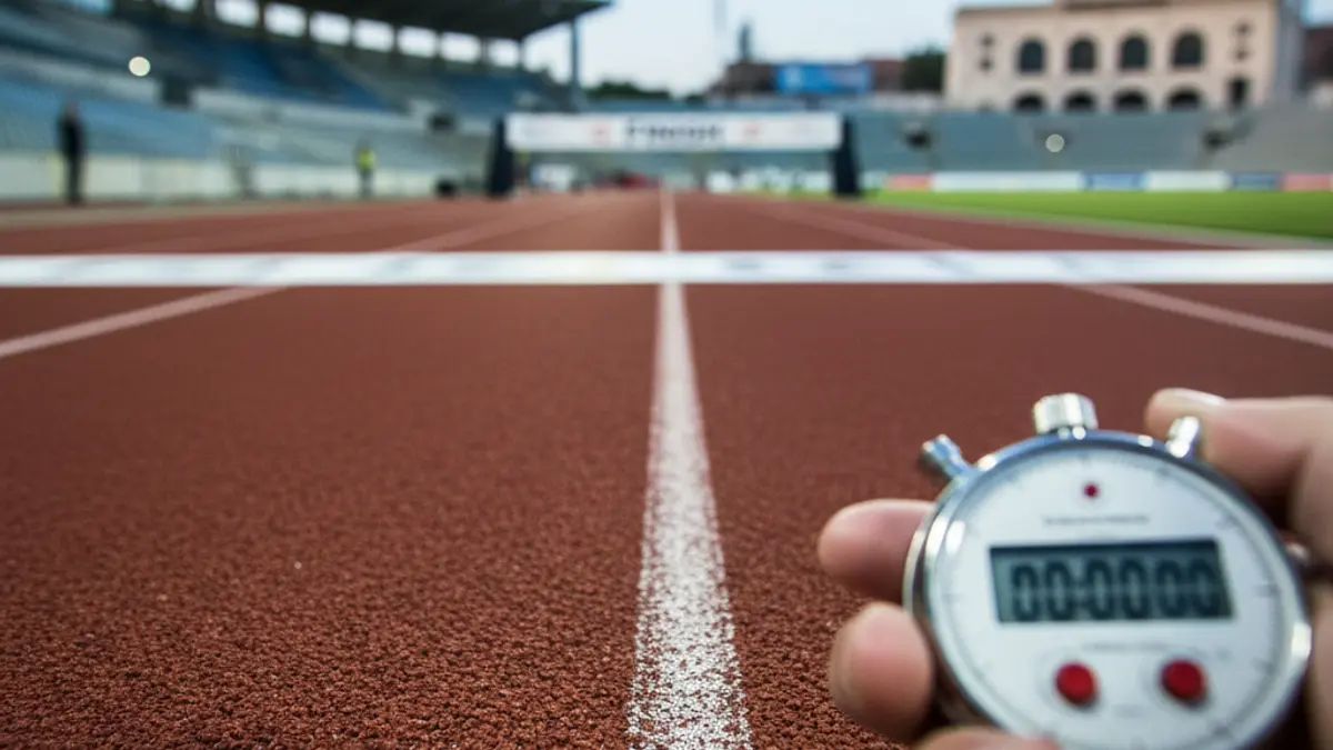 Generic image of an athletics track with a blurred finish line and a stopwatch in the foreground.