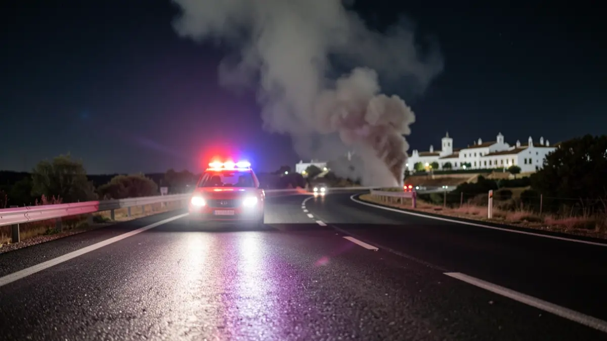 Imagen genérica de luces de emergencia reflejándose en el asfalto mojado de una autopista por la noche, con una columna de humo borrosa al fondo.