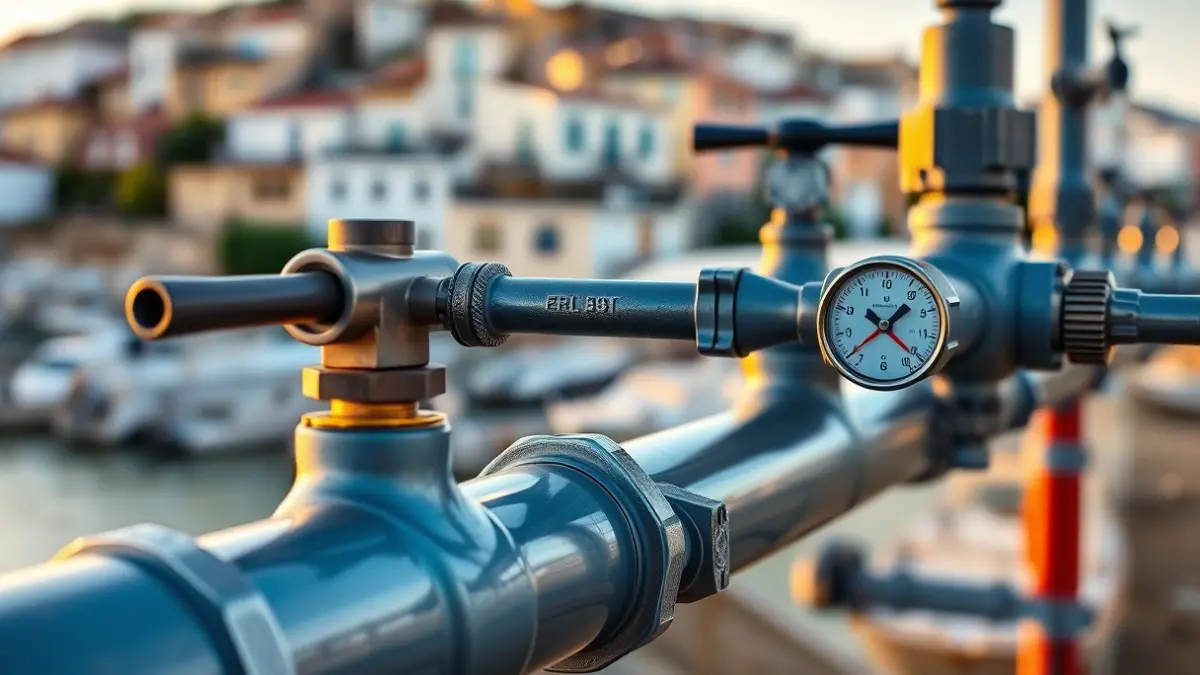 Generic image of a water piping system with valves and gauges, with a Mediterranean town in the background.