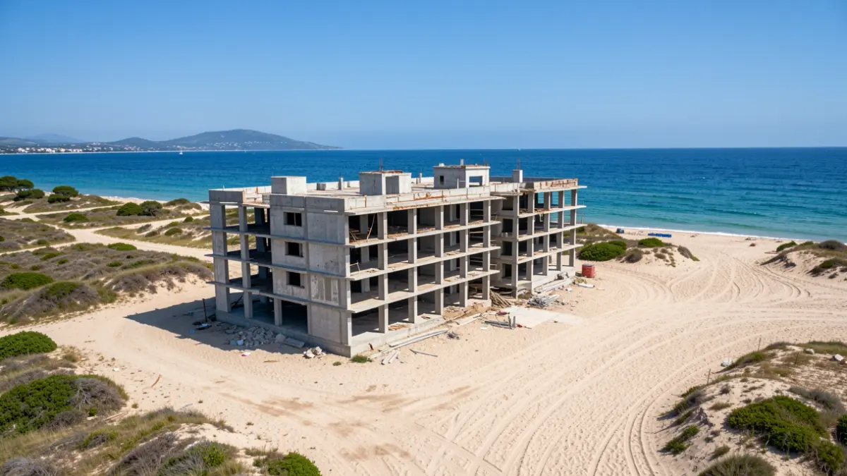Aerial view of an unfinished hotel on El Algarrobico beach, Carboneras.