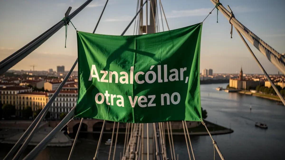 Greenpeace banner hanging from the Barqueta bridge in Seville protesting the Aznalcóllar mine.