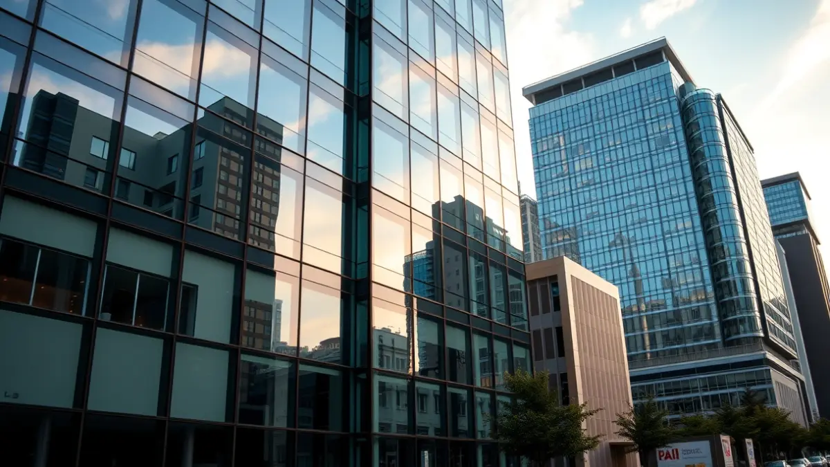 Image of the facade of a modern office building in an urban development.