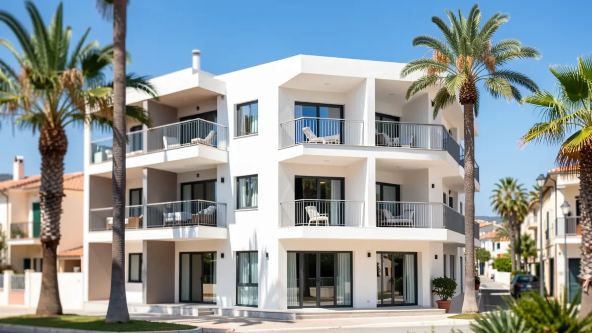 Fachada de un moderno hotel boutique en una localidad costera mediterránea.