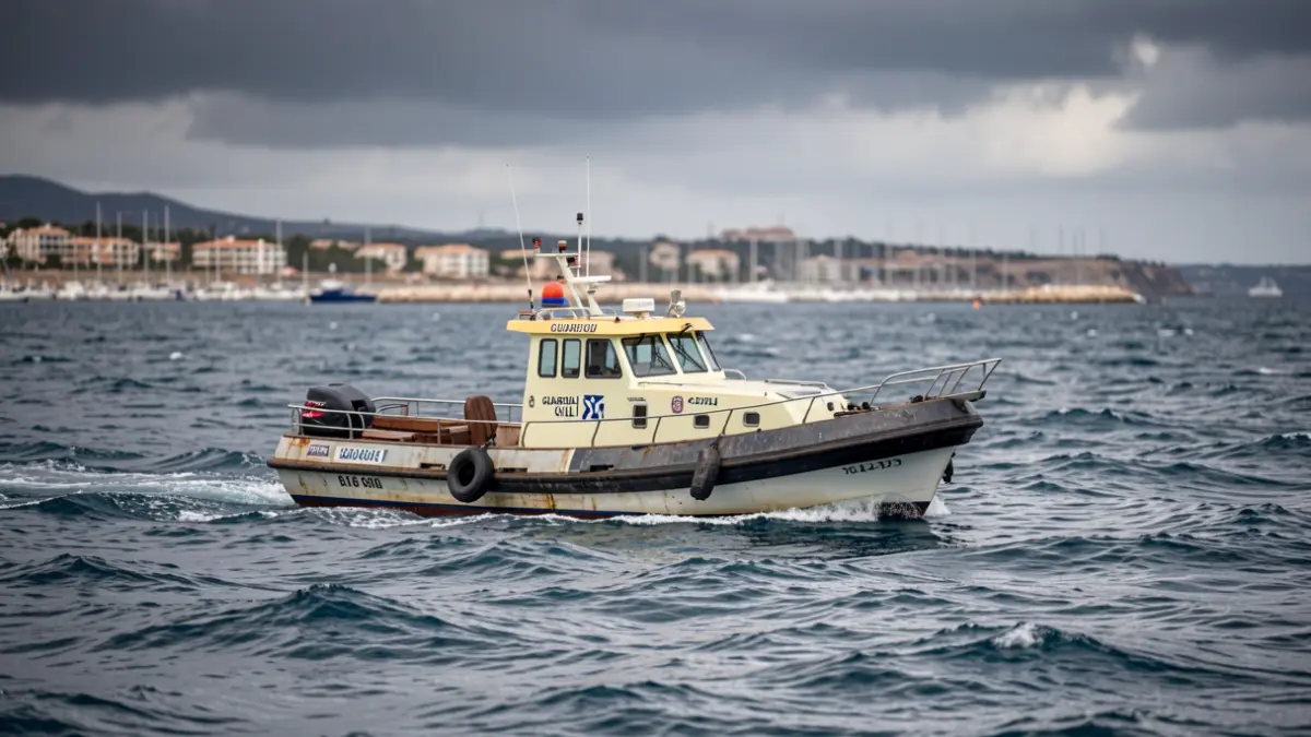 Image of a single Guardia Civil patrol boat navigating the waters of the Costa del Sol, with the coastline and marinas blurred in the background.
