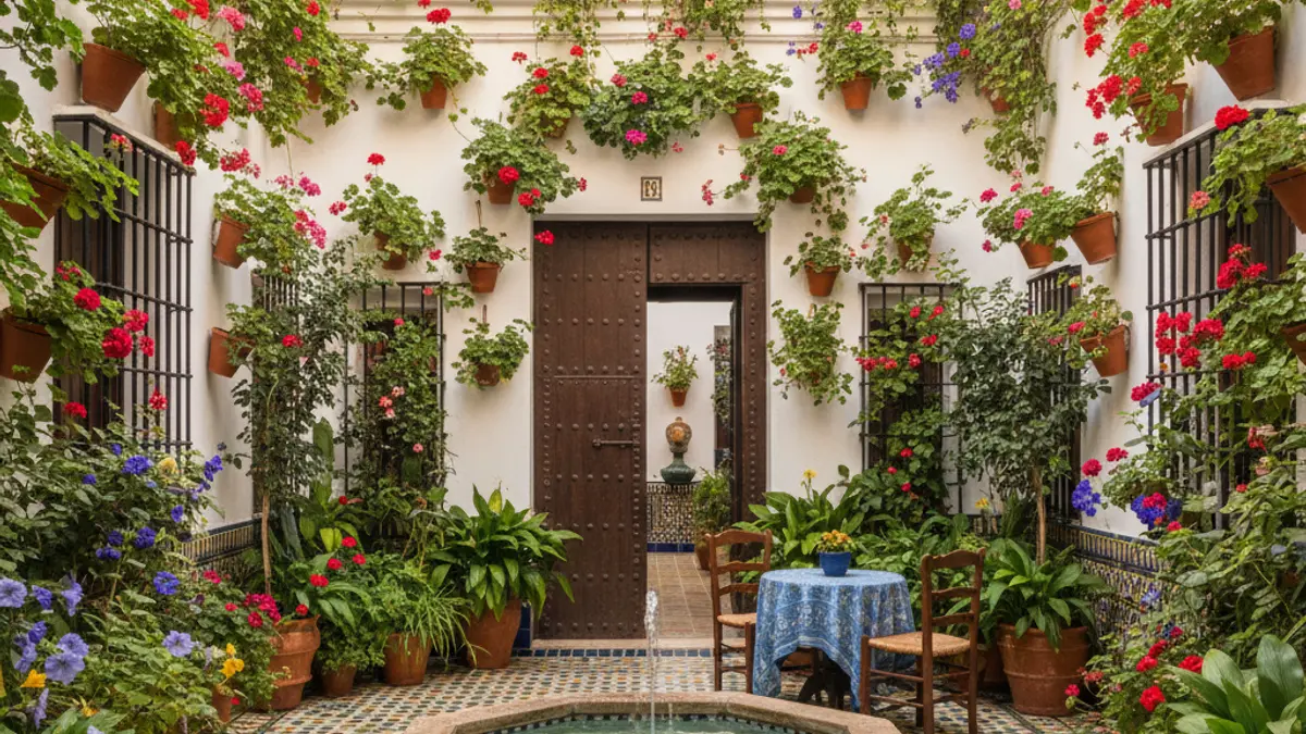 Imagen de un patio cordobés lleno de flores y plantas, con paredes encaladas y azulejos.