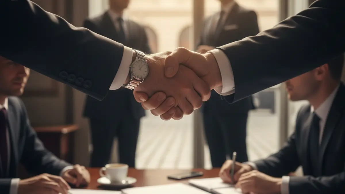 Generic image of two hands shaking over a desk, symbolizing a labor agreement or guide.