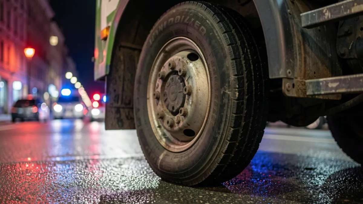 Image of a garbage truck with emergency lights reflected on wet asphalt.