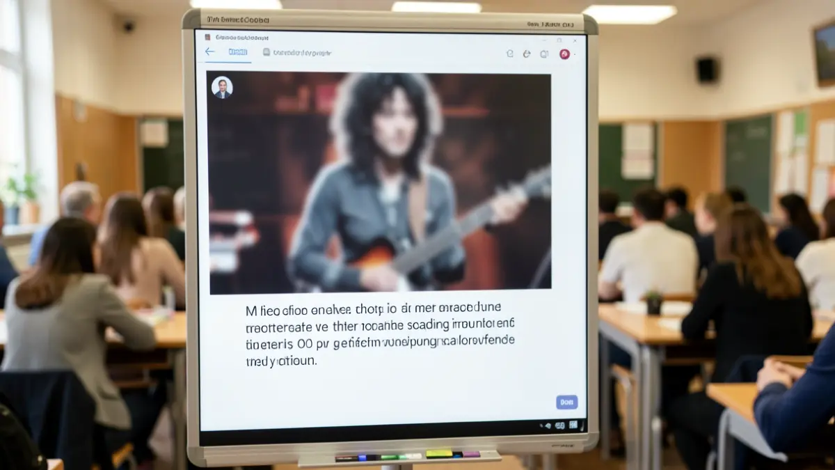 Image of a digital whiteboard with a message and a blurred musical figure.