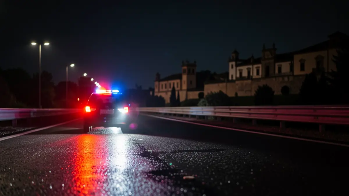 Imagen genérica de luces de emergencia reflejándose en el asfalto mojado de una autovía por la noche.