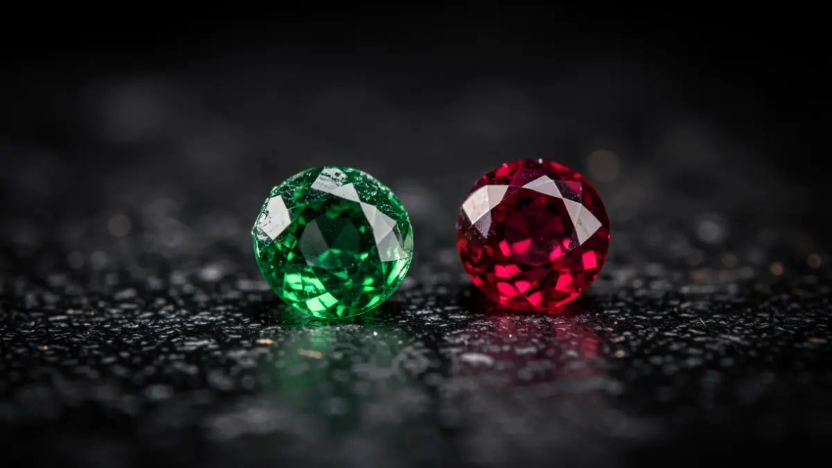 Imagen de un rubí y una esmeralda, piedras preciosas encontradas en una operación antidroga.