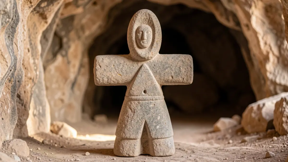 Ídolo calcolítico de piedra caliza con forma cruciforme.