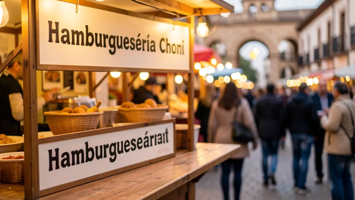 Generic image of a hamburger stall at a fair with people and Andalusian architecture in the background.