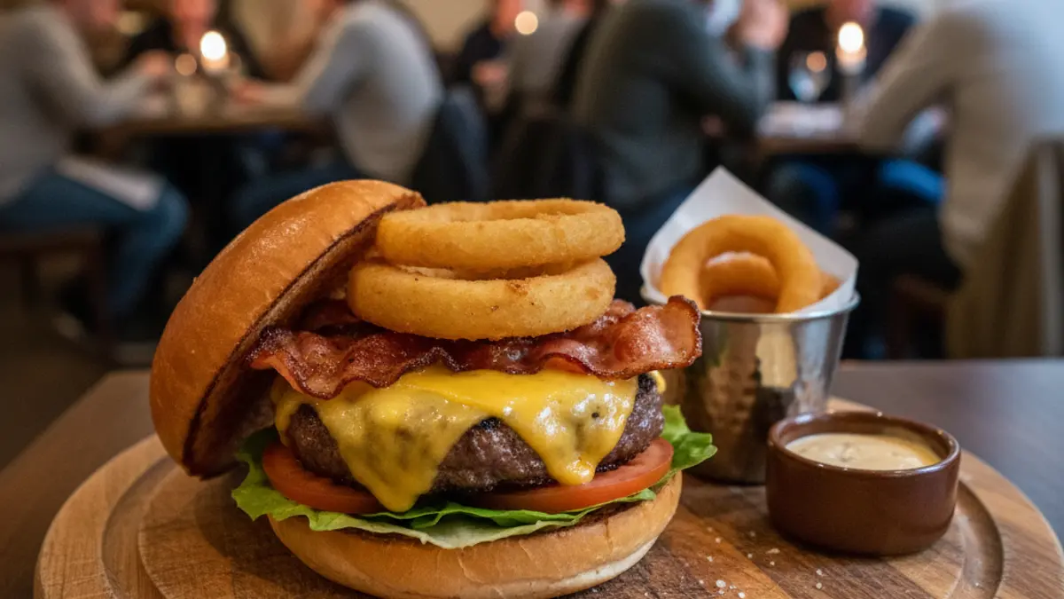 Image of a gourmet burger with cheddar cheese, bacon, and onion rings.