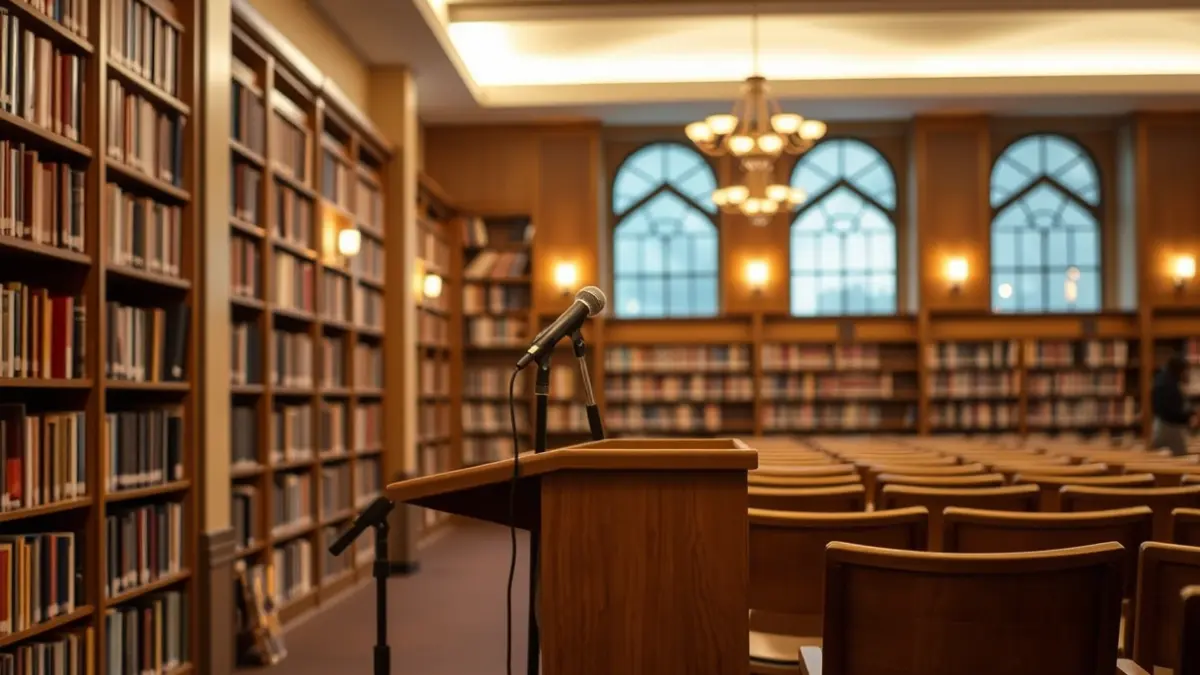 Generic image of a microphone on a podium on a stage, with a warm atmosphere and soft lighting.