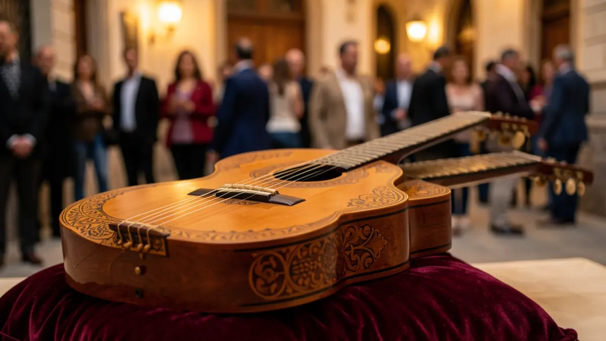 Primer plano de una guitarra flamenca detallada sobre un cojín de terciopelo.