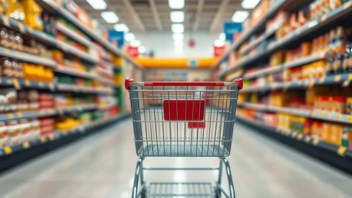 Generic image of a supermarket shopping cart in an empty aisle.