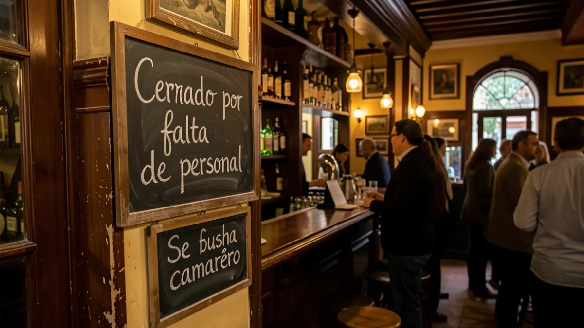 A 'Closed due to lack of staff' and 'Waiter wanted' sign on a chalkboard in a Málaga bar.