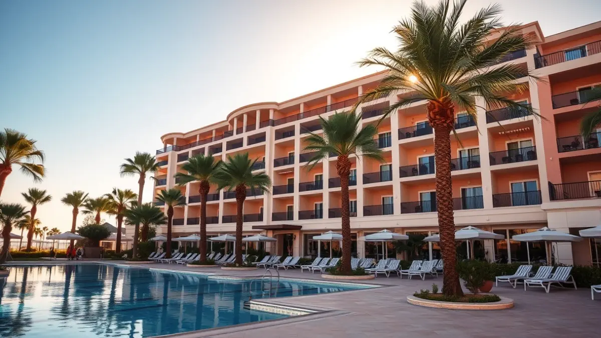 Fachada de un hotel de lujo en la costa de Rota, con palmeras y piscina.