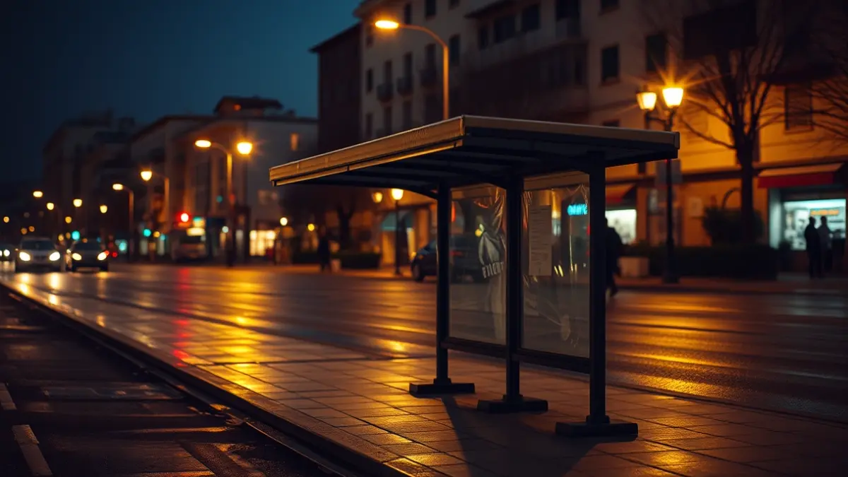 Imagen genérica de una parada de autobús vacía por la noche, con luces de la calle y edificios borrosos al fondo.