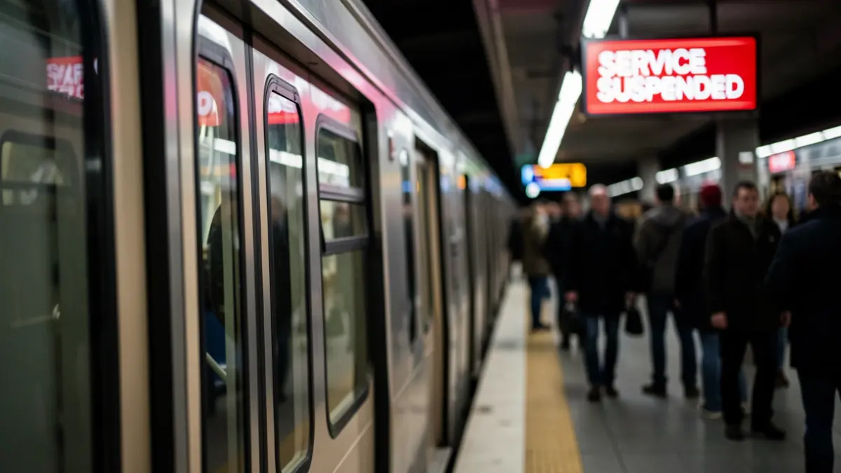 Generic image of a Granada Metro train with a service interruption sign.