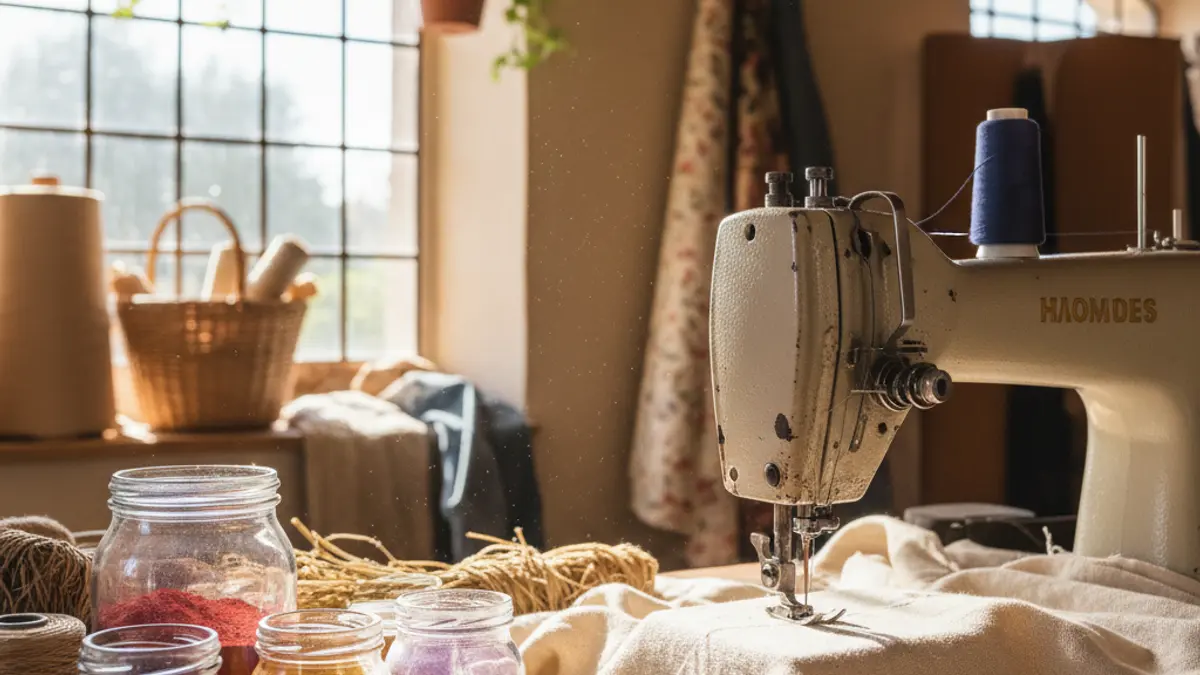 Generic image of a sewing machine with sustainable materials, representing regenerative fashion.