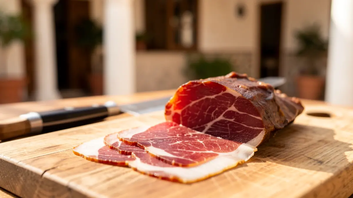 Primer plano de jamón ibérico cortado profesionalmente sobre una tabla de madera, con un cuchillo de corte y un patio andaluz desenfocado al fondo.