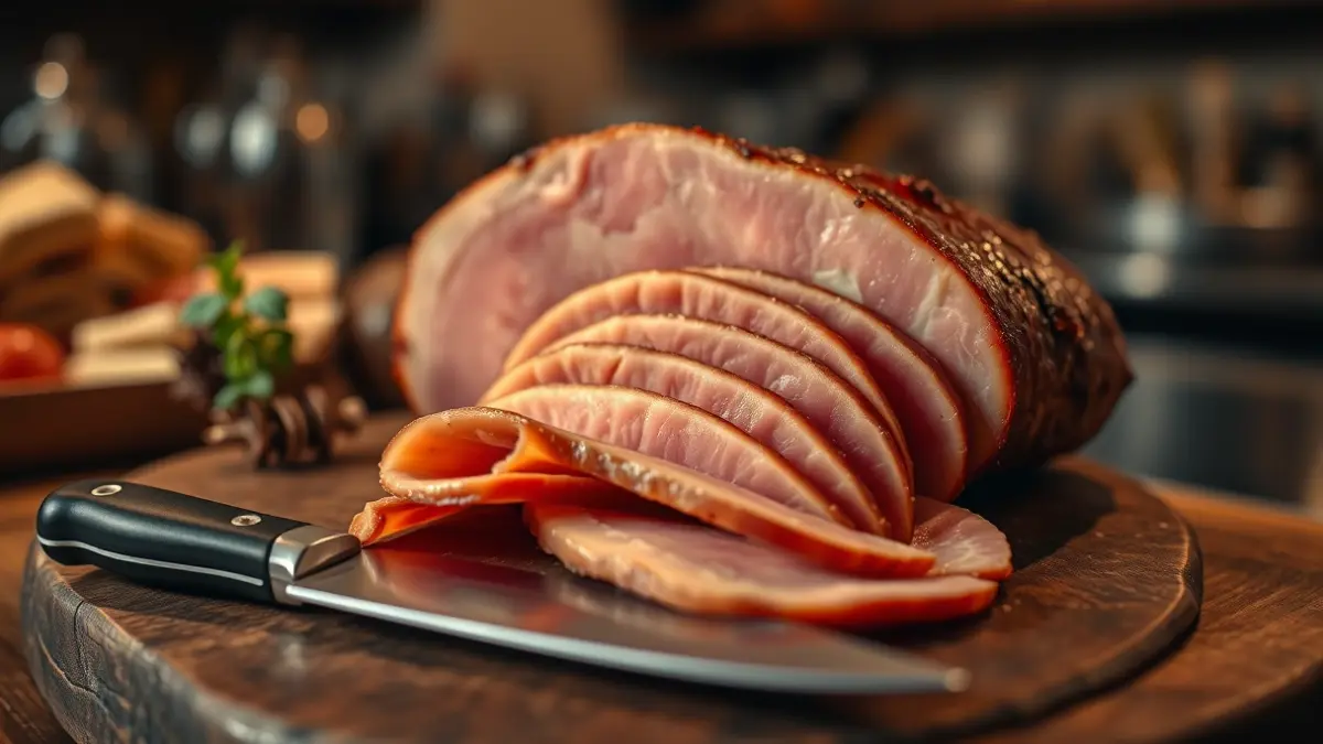 Imagen genérica de un jamón ibérico recién cortado sobre una tabla de madera.