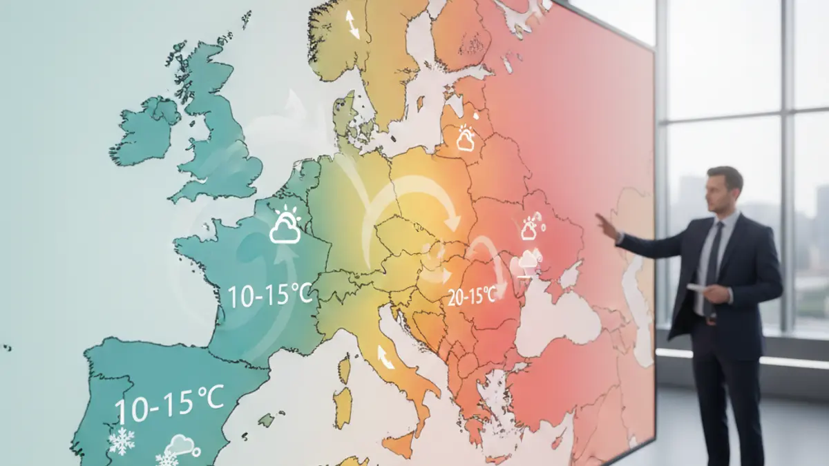 Imagen genérica de un mapa de previsión meteorológica con iconos de sol y nubes.