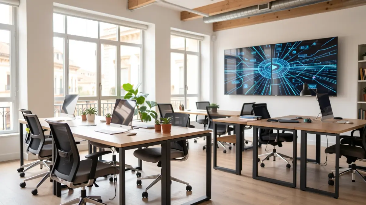 Imagen genérica de un espacio de coworking moderno con elementos tecnológicos.