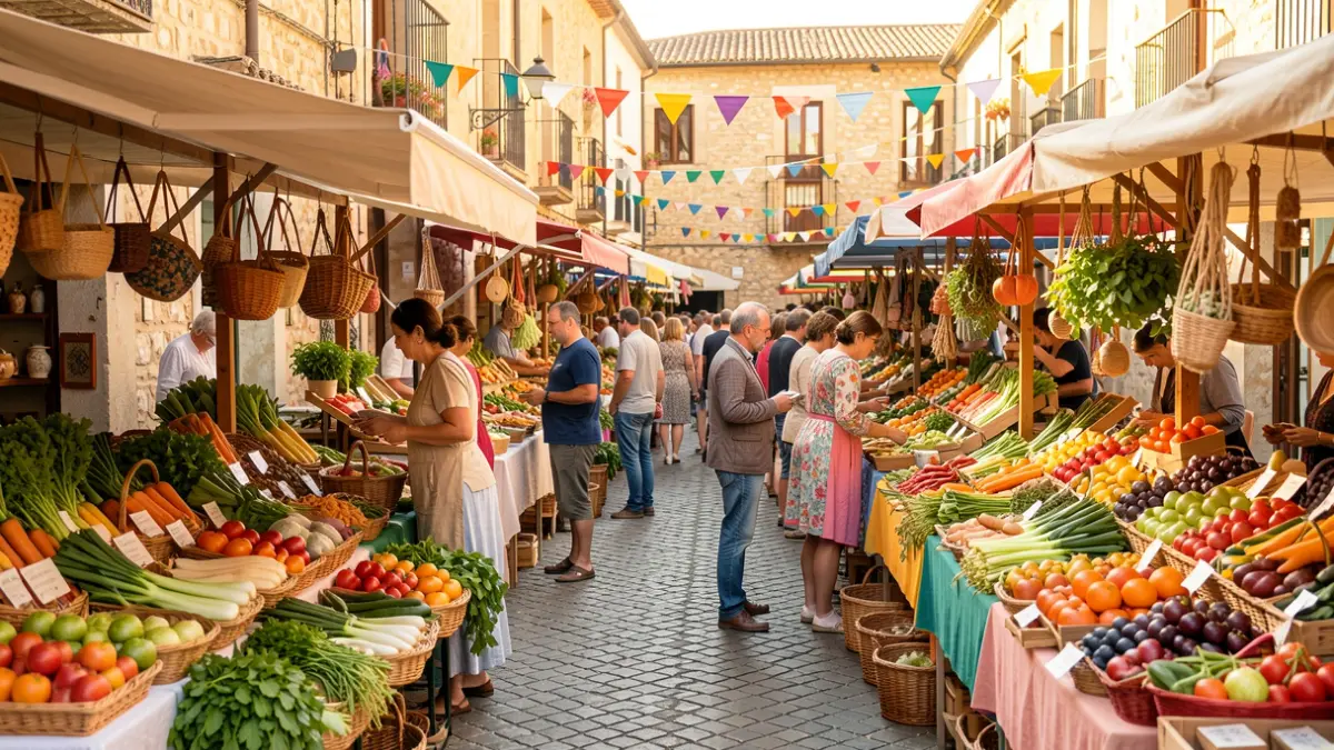 Imagen genérica de una feria vegana al aire libre en una plaza española con puestos de comida y artesanía.