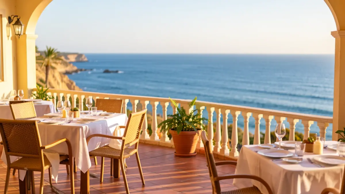 Terraza de restaurante con vistas al mar en Conil de la Frontera, Cádiz.