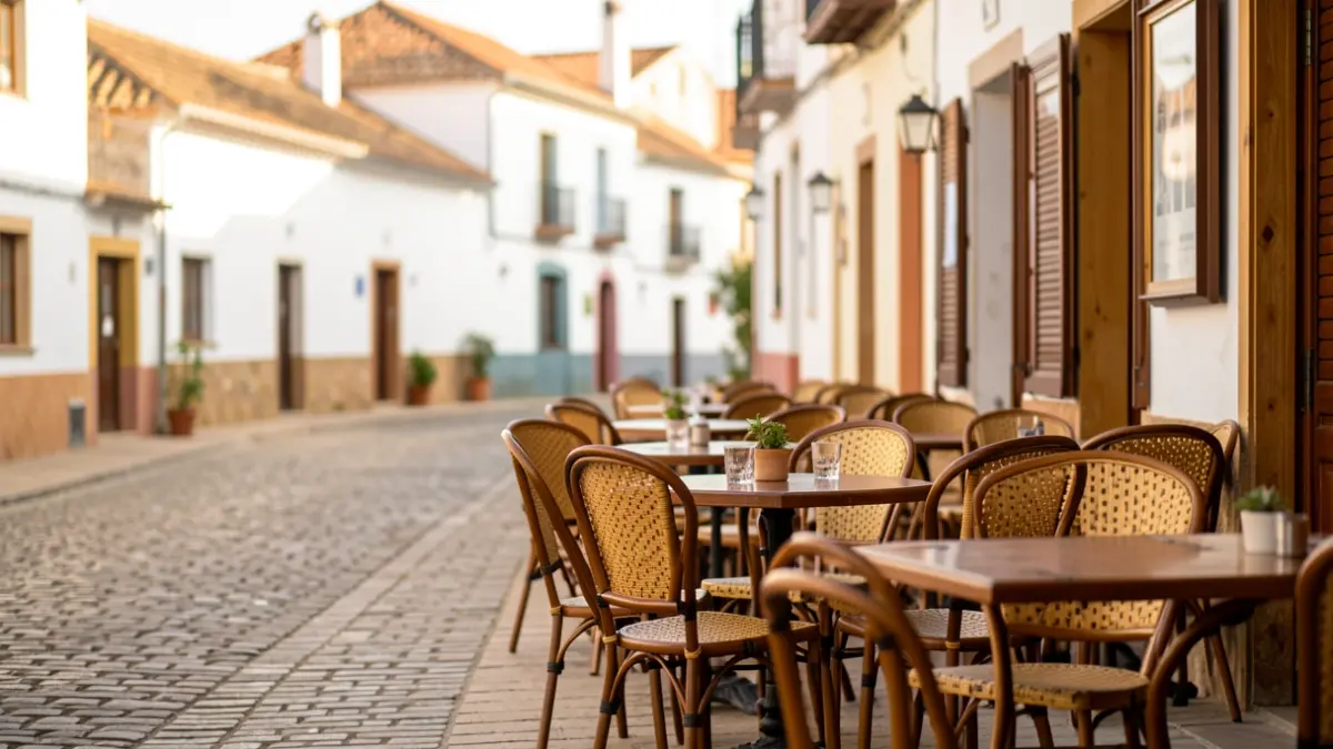 Mesas y sillas de terraza de un bar en una calle de Íllora.