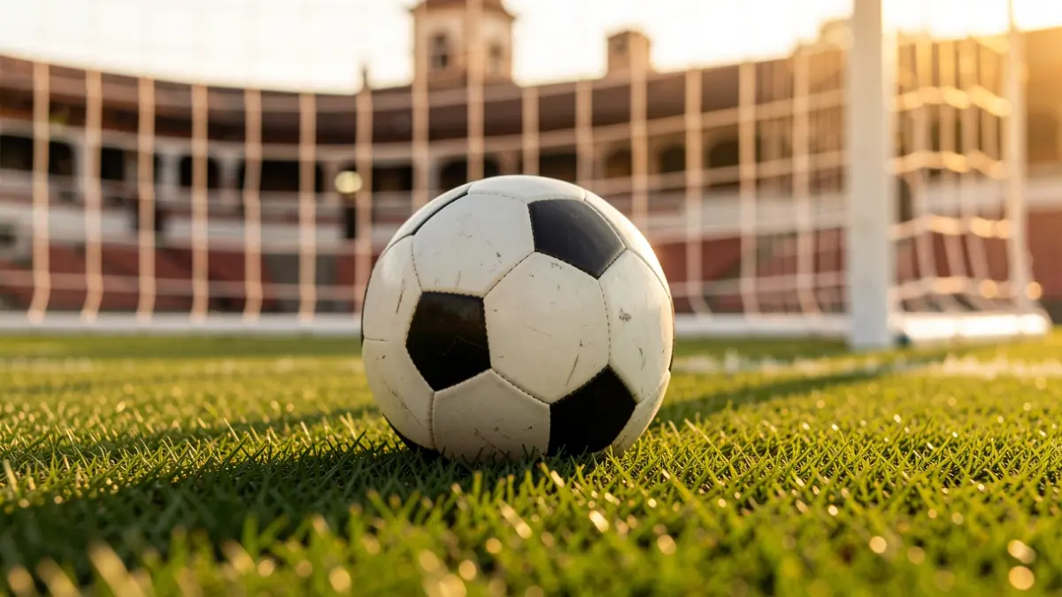 Generic image of a soccer ball on grass in a stadium.