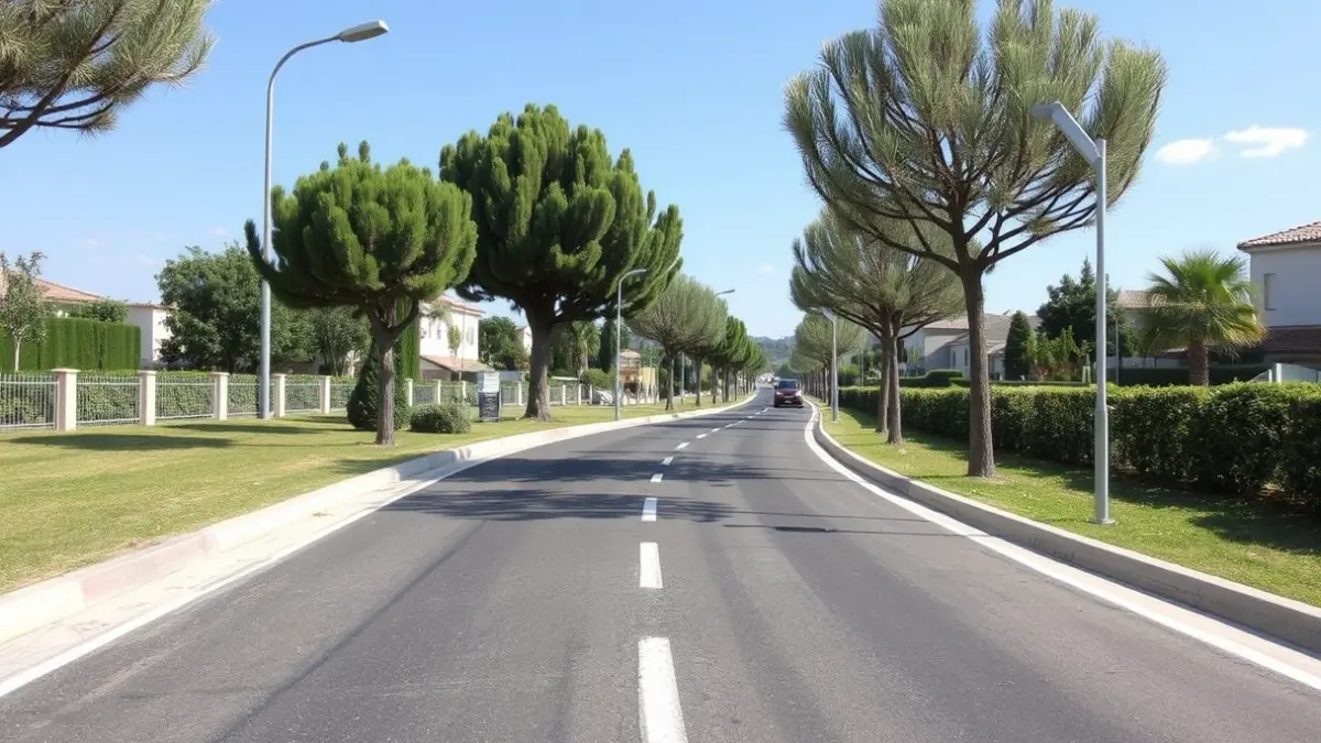 Image of a newly paved road with new streetlights and trees.